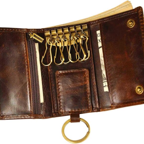 Mens Genuine Leather Car Key Case Loop Hook Coin Case Cover Wallet Snap - Picture 1 of 7